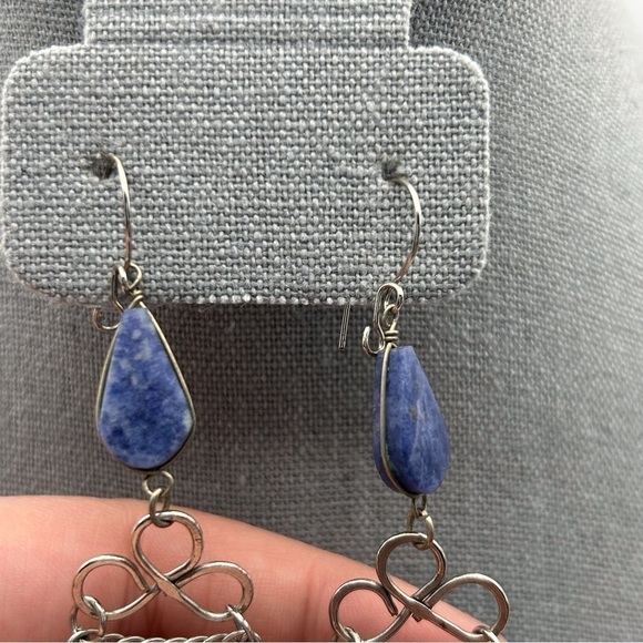 Boho Genuine Blue Stone Long Dangle Tassel Earrings Silver Tone Layered Knotted - Picture 6 of 9